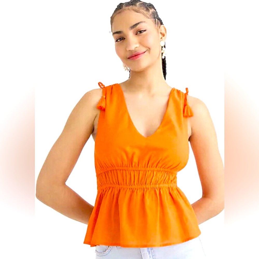 J. CREW V-neck Cotton Voile Sleeveless Top XXS Orange Tassel